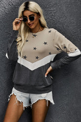 Women's Casual Star Color Block Pullover Long Sleeve Sweatshirt Sai Feel