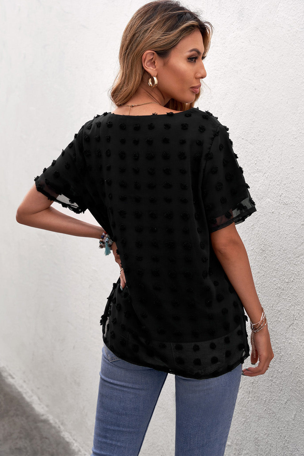Women's Casual Summer Crew Neck Tops Swiss Dot Solid Color Blouses Loose Fit Shirts Sai Feel