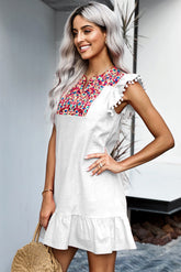 Women's Casual V Neck Skirt Boho Mexican Vintage Embroidery Print Mini Pompom Sleeve Shift Dress Sai Feel