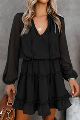 Women's Casual V Neck Solid Color Swiss Dot Flowy Long Sleeve Lace Up Loose Mini Dress Short Dress Sai Feel