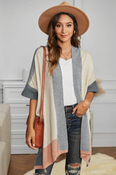 Women's Color Block Shawl Wrap Cardigan Poncho Cape Open Front Long Sweater Coat Sai Feel
