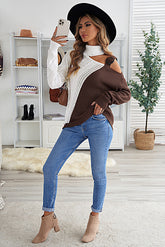 Women's Color Block Turtleneck Cold Shoulder Sweater Long Sleeve Pullover Fashion Knit Tops Sai Feel