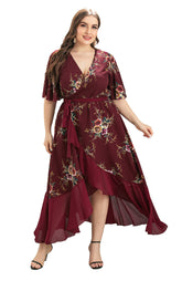 Women's Dresses Floral Print V Neck Short Sleeve Wrap Front Irregular Ruffle Hem Casual Dress Sai Feel