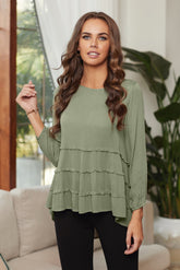 Women's Fashion Casual 3/4 Sleeve Solid Color Lotus Leaf High Low Hem Crew Collar Shirt Blouses Top Sai Feel