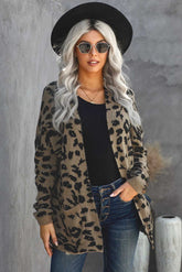 Women's Fashion Leopard Open Front Knit Sweaters with Pockets Cardigans Sai Feel