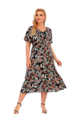 Women's Fashion Plus Size V neck Short Sleeve Floral Printed Midi Dress Sai Feel