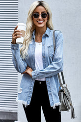 Women's Fashion Ripped Shirt Long Sleeve Turtleneck Denim Jacket Sai Feel