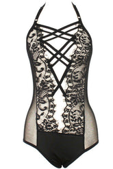 Women's Fashion Sexy Solid Color Strappy Bodysuit Sweet Darkness Lace Goth Lingerie Sai Feel
