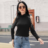 Women's Fashion Small Turtleneck Sexy Solid Color Rhinestone Beaded Off Shoulder Base Shirt Top Tee Sai Feel