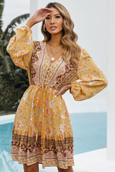 Women's Fashion V-neck Ethnic Print Waist Drawstring Beach Dress Long Lantern Sleeve Dress Button Down Neckline Short Mini Dress Sai Feel