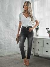 Women's Fashion Washed Frayed Denim Pants Button Zipper Straight Leg Pockets Basic Jeans Sai Feel