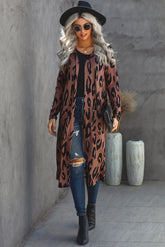 Women's Fashion knee Length Knitwear Long Sleeve Leopard Print Cardigan Sai Feel