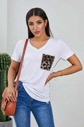 Women's Leopard Printed Splicing Short Sleeve T-Shirt Pocket Blouse Sai Feel