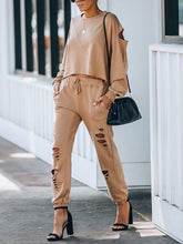 Women's Long Sleeve Ripped Short Top + Casual Long Pants Casual Sports Suit Sai Feel