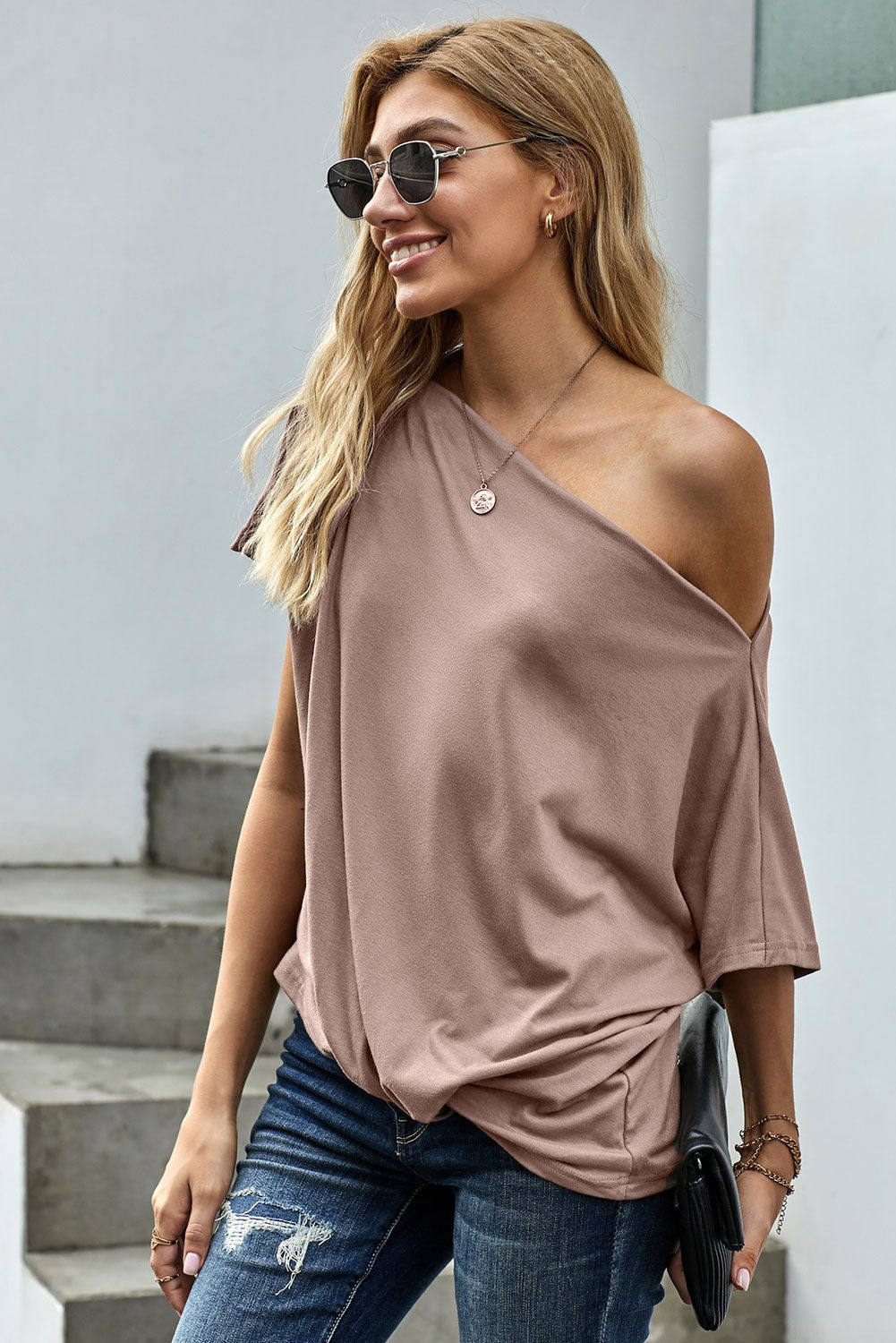 Women's One Cold Shoulder Short Sleeve T Shirts Baggy Ladies Solid Color Tunic Tops Blouse Sai Feel