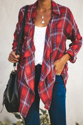 Women's Plaid Printed Coat Irregular Long Drape Open Front Cardigan Waterfall Outwear Sai Feel