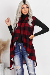 Women's Plaid Splicing Irregular Drape Neck Lightweight Vest Coat Open Front Pockets Long Cardigan Sai Feel