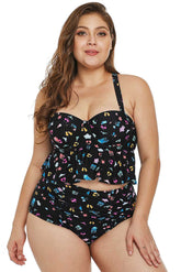 Women's Plus Size 2 Piece Bathing Suit V-Neck Back Cross Flare Hem Top High Waist Tankini Swimwear Sai Feel