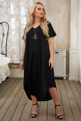 Women's Plus Size Dress V-Neck Short Sleeve Loose Fit Solid Color Rounded Hemline Maxi Dress Sai Feel