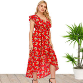 Women's Plus Size V neck Faux Wrap Floral Printed Ruffle Hi-Low Dress Sai Feel