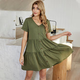 Women's Solid Color Short-Sleeved A-line Skirt Home Casual Loose Dress Sai Feel