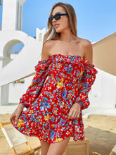 Women's Spring And Summer Shoulder Off Red Floral Print Ruffle Hem Elastic Waist Dress Sai Feel