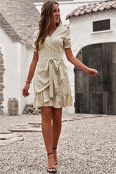 Women's Summer Casual Mini Dress Polka Dot Ruffled Tie Waist Dress V Neck Flowy Dress Sai Feel