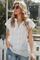 Women's Summer Elegant V Neck Ruffled Sleeve Tops Solid Color Hollow Out Tees Loose Fit Shirts Sai Feel
