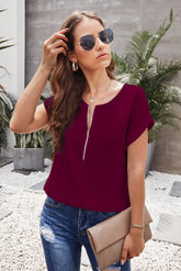 Women's Summer Short Sleeve T Shirt V Neck Half Zip Neckline Blouse Casual Solid Color Tops Sai Feel