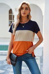 Women's Triple Color Block Crew Neck Side Split Tee shirt Sai Feel