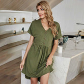 Women's V-neck A-line Dress Home Casual Mid-length Solid Color Dress Sai Feel