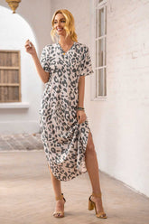 Women's V-neck Leopard Print Summer Patchwork Color Block Short Sleeve V-Neck Maxi Dress for Beach Party Cocktail Dress Sai Feel