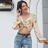 Women's V-neck Pleated Flora Print Tops Sai Feel