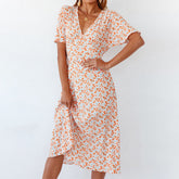 Women's V neck short sleeve printing long slim dress Sai Feel