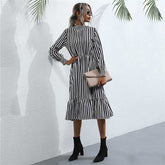Women's fashion high neck tight waist slim striped long sleeve dress Sai Feel