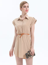 Women's loose lapel pure color waist temperament short sleeve dress Sai Feel
