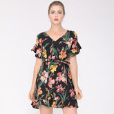 Women's print V-neck tie - up slim flower printing dress with short sleeves Sai Feel