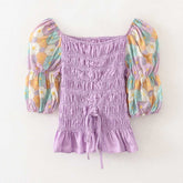 Women's short shirt square neck patchwork bubble sleeves drawstring blouse Sai Feel