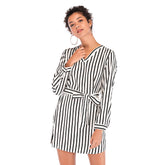 Women's slim stripe V-neck long sleeve V neck with belt dress Sai Feel