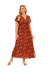 Women's summer chiffon V neck short sleeve long plus size large size dress Sai Feel