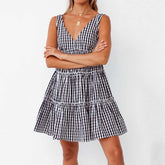 Women sexy back sleeveless checked print v neck dress Sai Feel