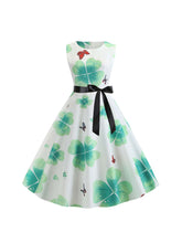 Women slim waist clover printing round neck sleeveless with belt dress Sai Feel