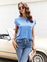 Women top solid color pocket off-shoulder round neck short sleeve T-shirt Sai Feel