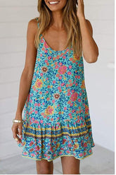 Womens Boho Floral Printed Dress Summer Sleeveless Adjustable Strap Beach Mini Dress with Pockets Sai Feel