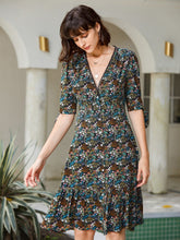 Womens Deep V Neck Button Front Casual Floral Print Long Dress Half Sleeve Bohemian Holiday Dresses Sai Feel