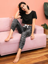 Womens Pajama Set - Short Sleeve Shirt and Pajama Pants Pj Set,Home Nightwear Sleepsuit loungewear,leopard pattern Sai Feel