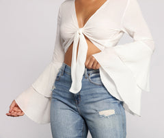 Woven Tie Front Bell Sleeve Crop Top Sai Feel