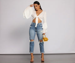 Woven Tie Front Bell Sleeve Crop Top Sai Feel