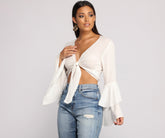 Woven Tie Front Bell Sleeve Crop Top Sai Feel