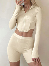 Zip Up Rib-Knit Crop Hoodie & Shorts Sai Feel